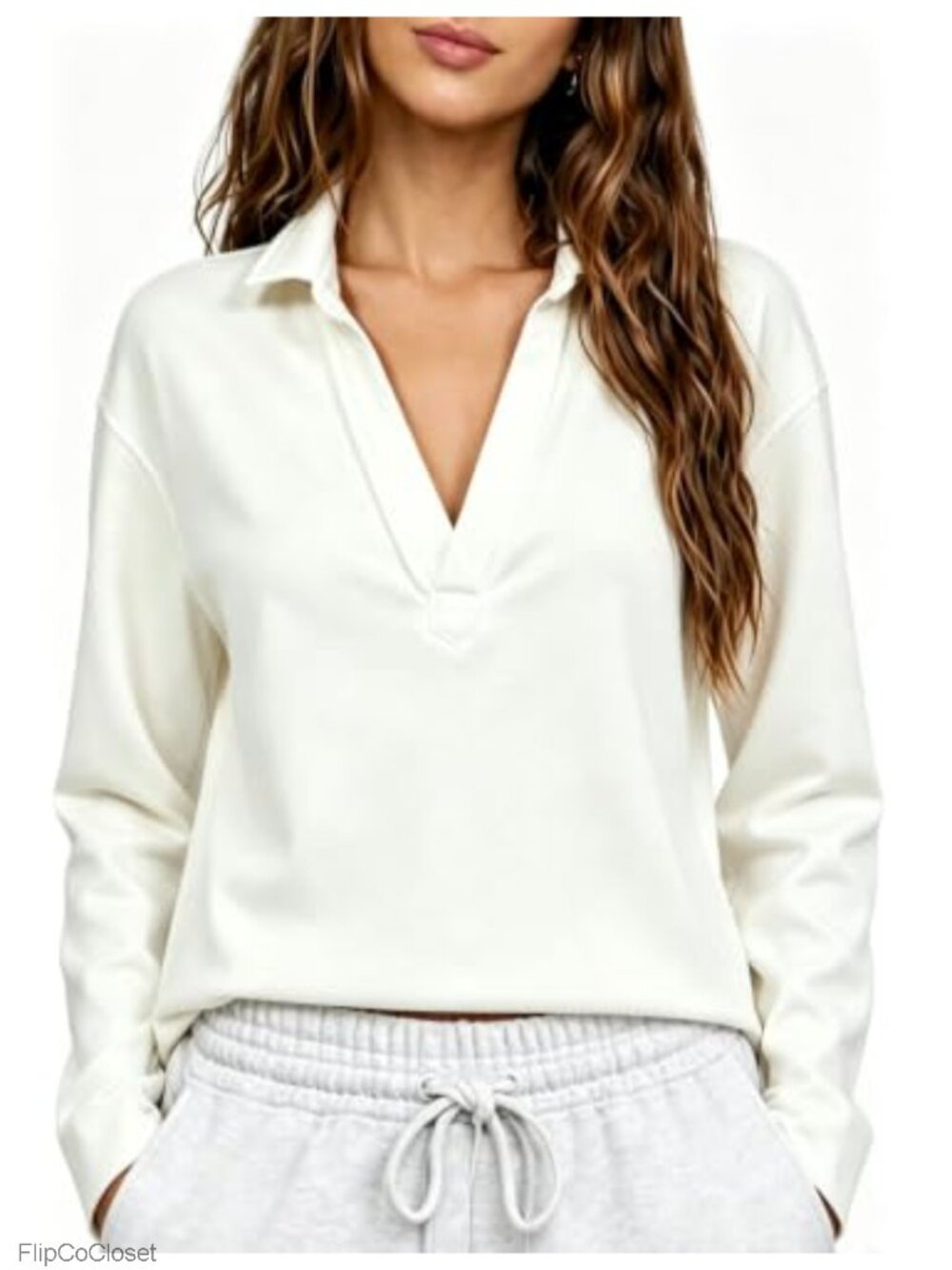Womens V Neck Henley Sweatshirt Raw Hem Cropped Sherpa Pullover